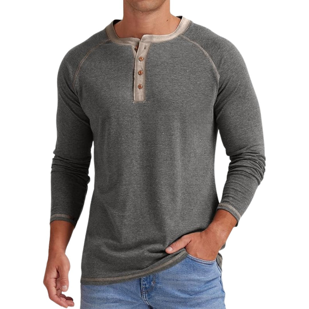Gustav - Klassisk Långärmad Henley i Gråmelerat