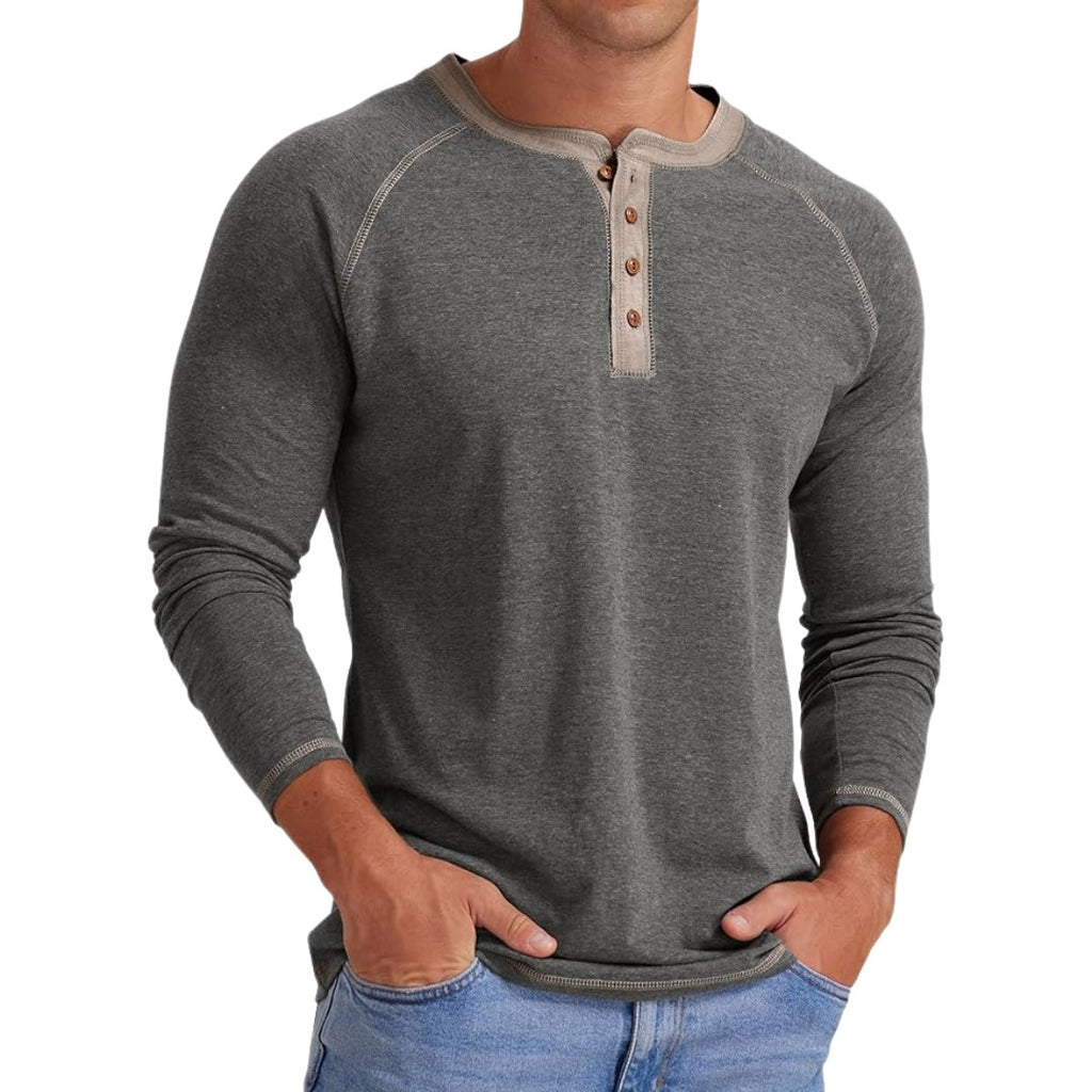 Gustav - Klassisk Långärmad Henley i Gråmelerat